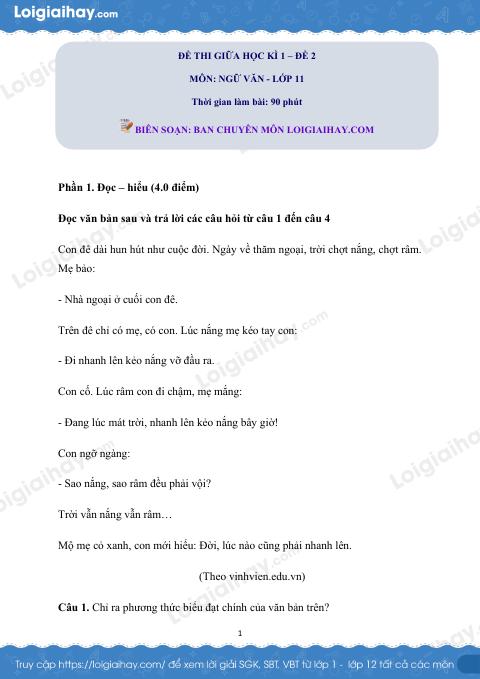 Đề kiểm tra giữa học kì I Ngữ văn 11 - Đề số 2 có lời giải chi tiết